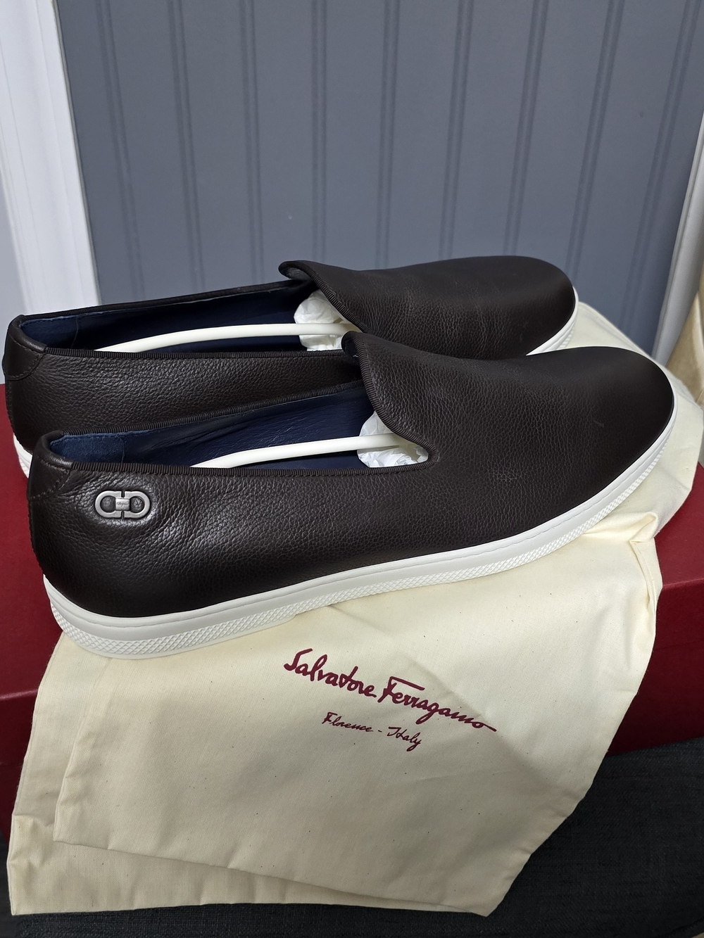 Salvatore Ferragamo Men's Brown Leather Slip-On Sneakers